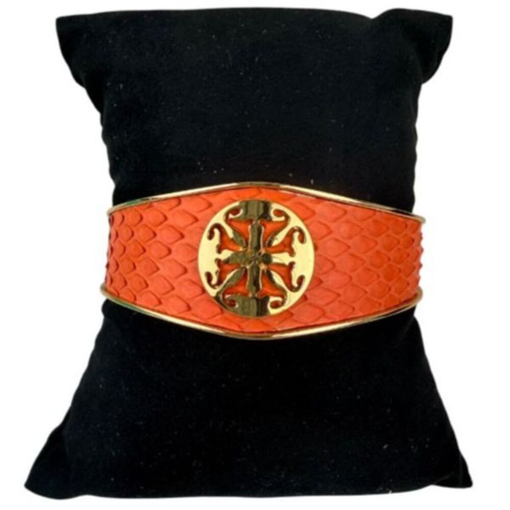 Rustic Cuff Monique Python Tangerine Leather Gold Tone Signature Cross Cuff NEW